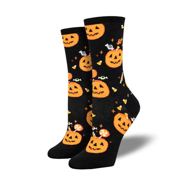 Black Halloween Socks with Pumpkin Light Pattern and Candy Party Socks