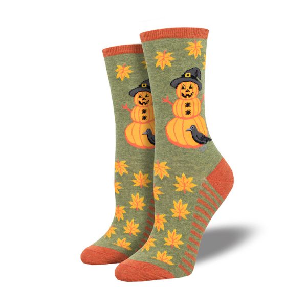 Gray snowman crew socks with maple leaf pattern funny cotton socks