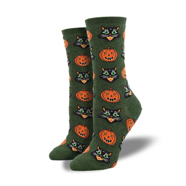 Pumpkin and Black Cat Halloween Funny Socks - Army Green