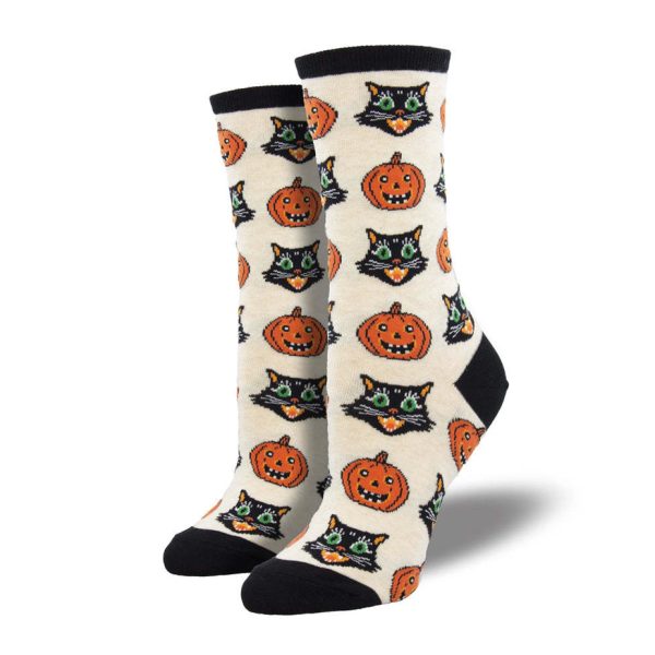 Pumpkin and Black Cat Halloween Funny Socks Beige